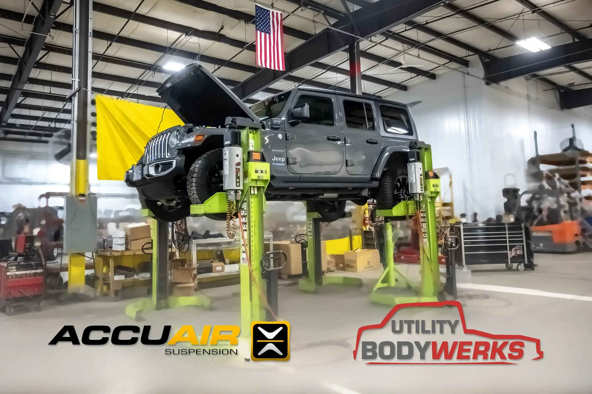 A Jeep getting an Accuair air suspension upgrade at Utility Bodywerks in Elkhart Indiana.