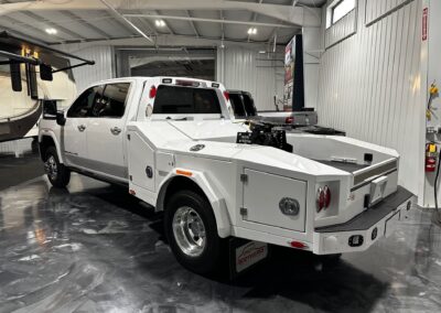 A fifth wheel hauler truck with an all aluminum hauler bed built by Utility Bodywerks in Elkhart Indiana.