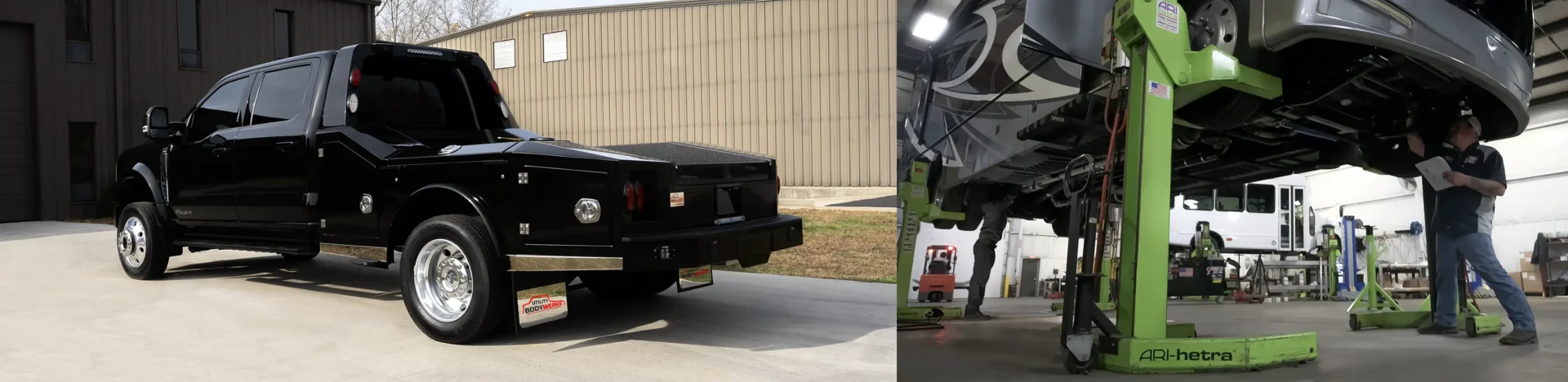 A pickup truck with an all aluminum hauler body and air ride suspension, and a new suspension being installed on a motorhome, installed by Utility Bodywerks in Elkhart Indiana.